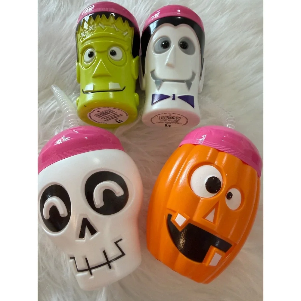 Halloween Monster Cups Set of 4 Frankenstein Dracula Skull Pumpkin with Straws
